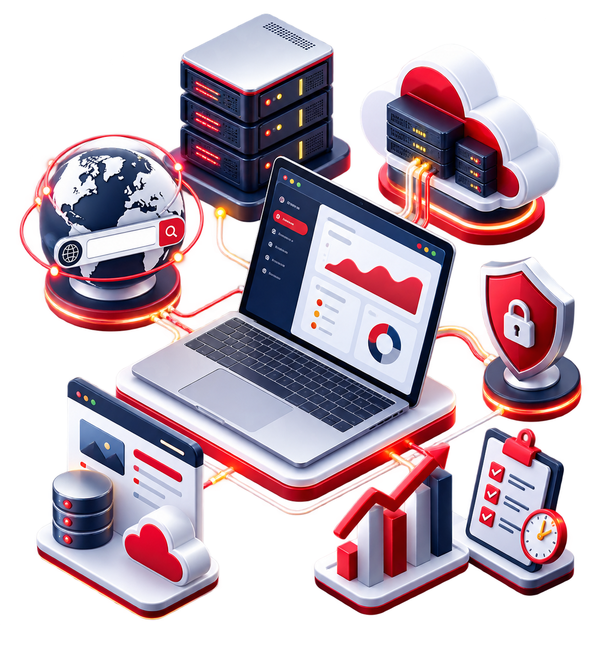 Ilustrasi pengelolaan hosting, cloud, domain, keamanan, dan proyek digital Rakita Website